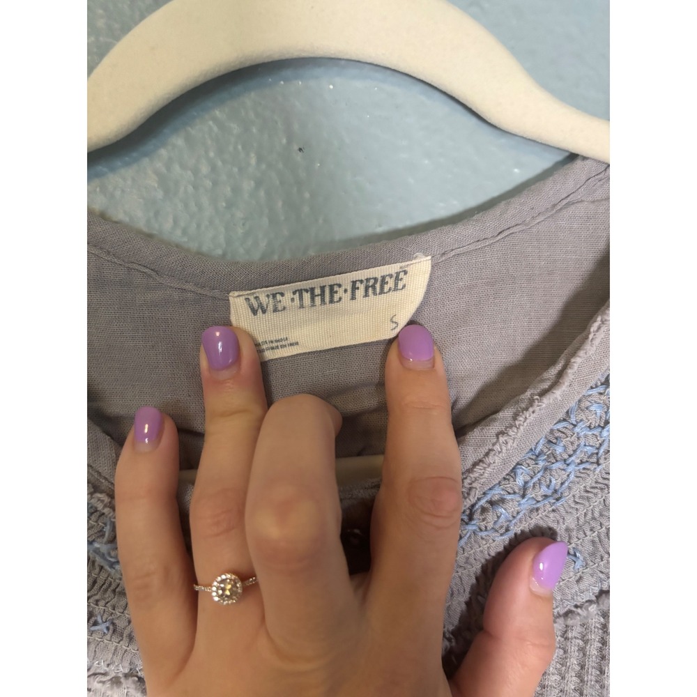 Free People Holly Henley Long Sleeve Top Waffle Knit Grey Blue Embroidered Small - Picture 4 of 11